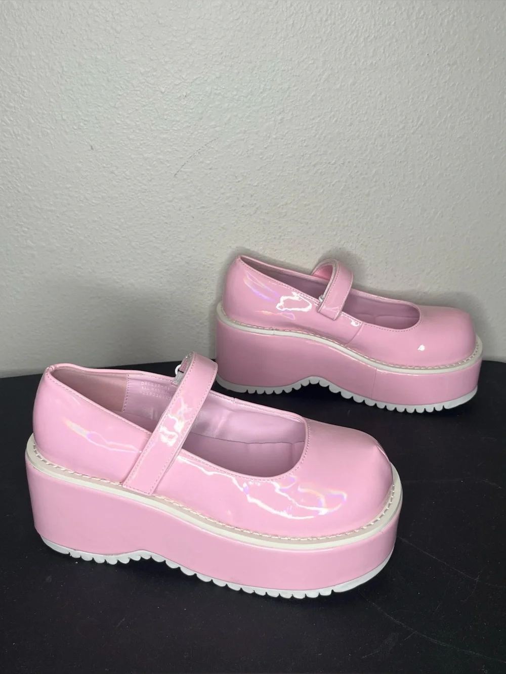 Demonia Dollie 01 Baby Pink Holo Patent Platform Mary Janes Goth Anime Kawaii